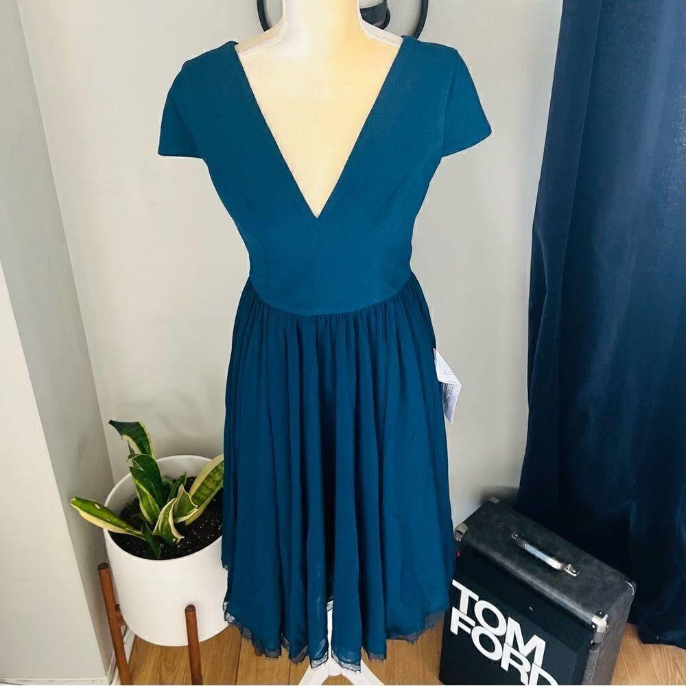 DRESS THE POPULATION Corey Dress, Fit &‎ Flare, Blue/Green Pine, Small 4/6, NWT